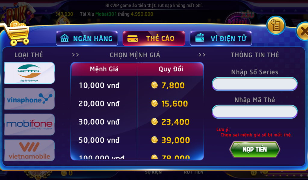 giao dịch nạp rút game Rikvip